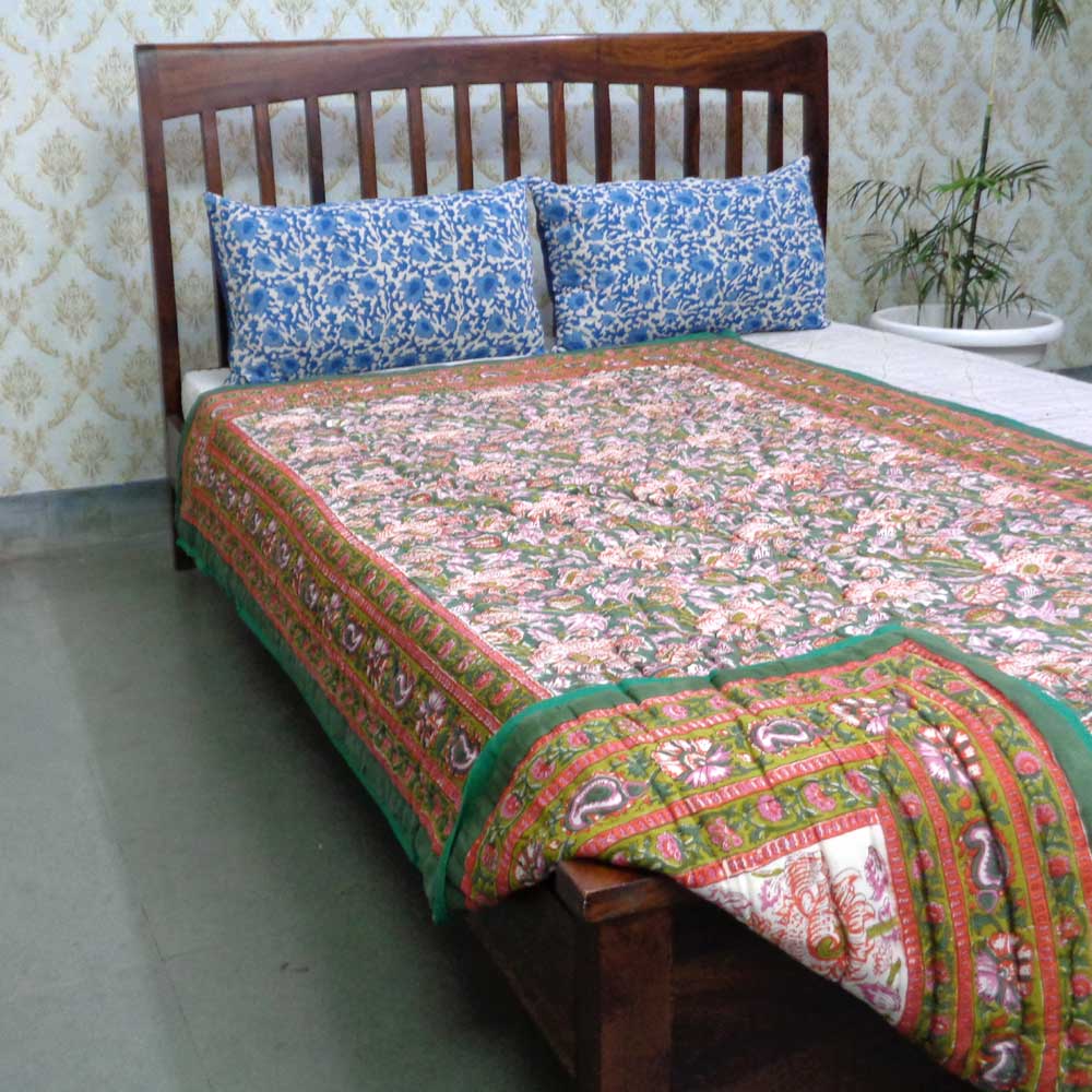 Hand Block Printed Cotton Twin Size Quilt Amarnath Green Gud 109001