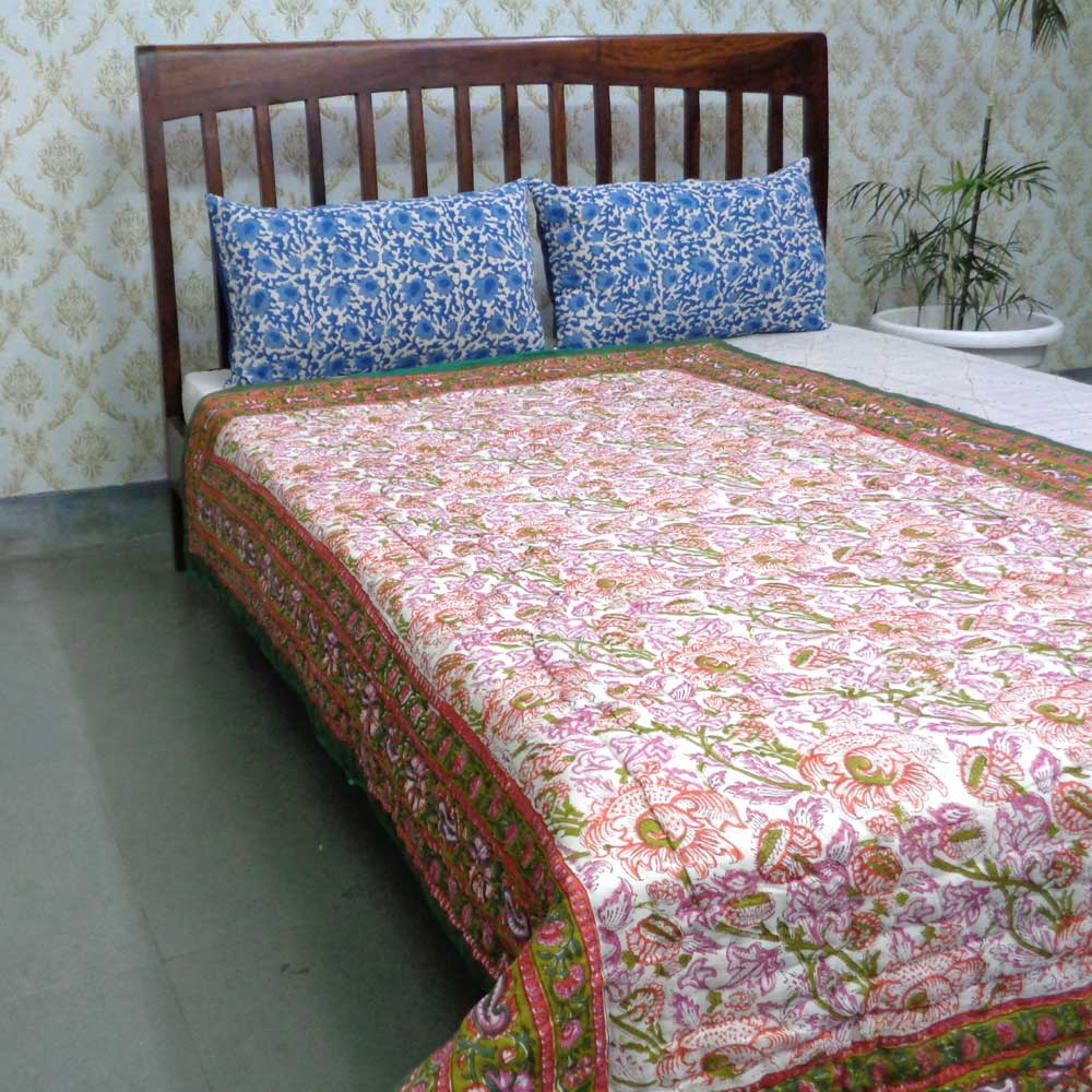 Hand Block Printed Cotton Twin Size Quilt Amarnath Green Gud 109001