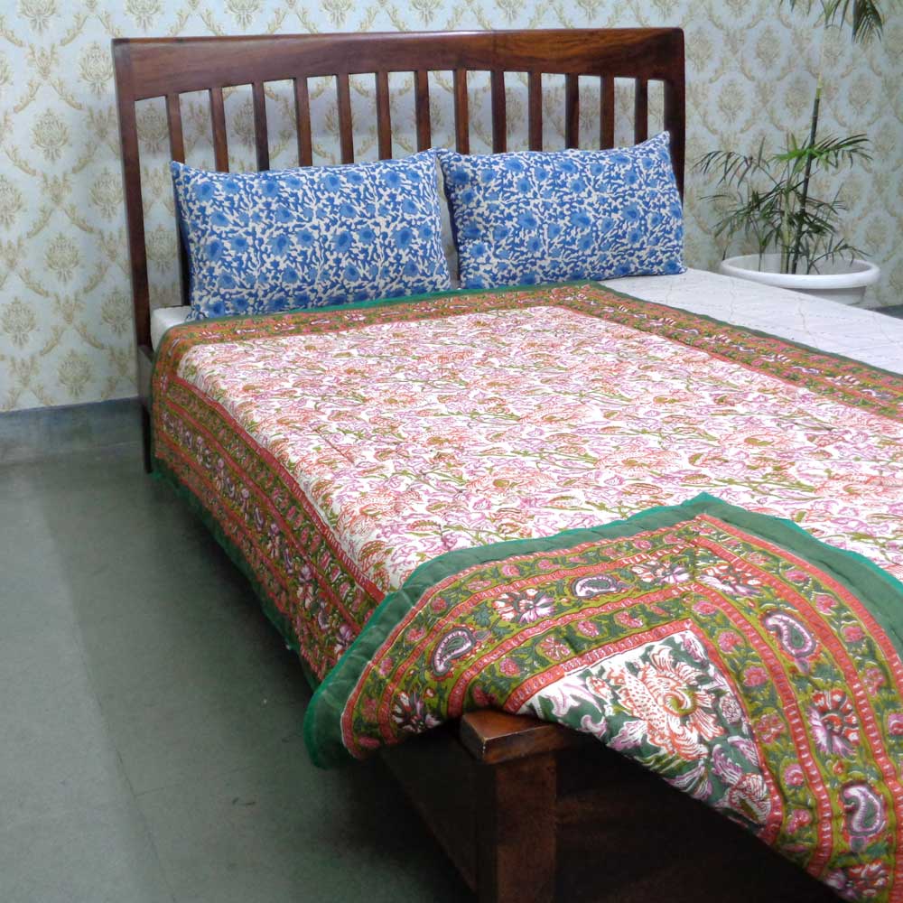 Hand Block Printed Cotton Twin Size Quilt Amarnath Green Gud 109001
