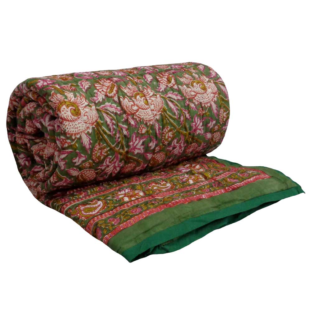 Hand Block Printed Cotton Twin Size Quilt Amarnath Green Gud 109001