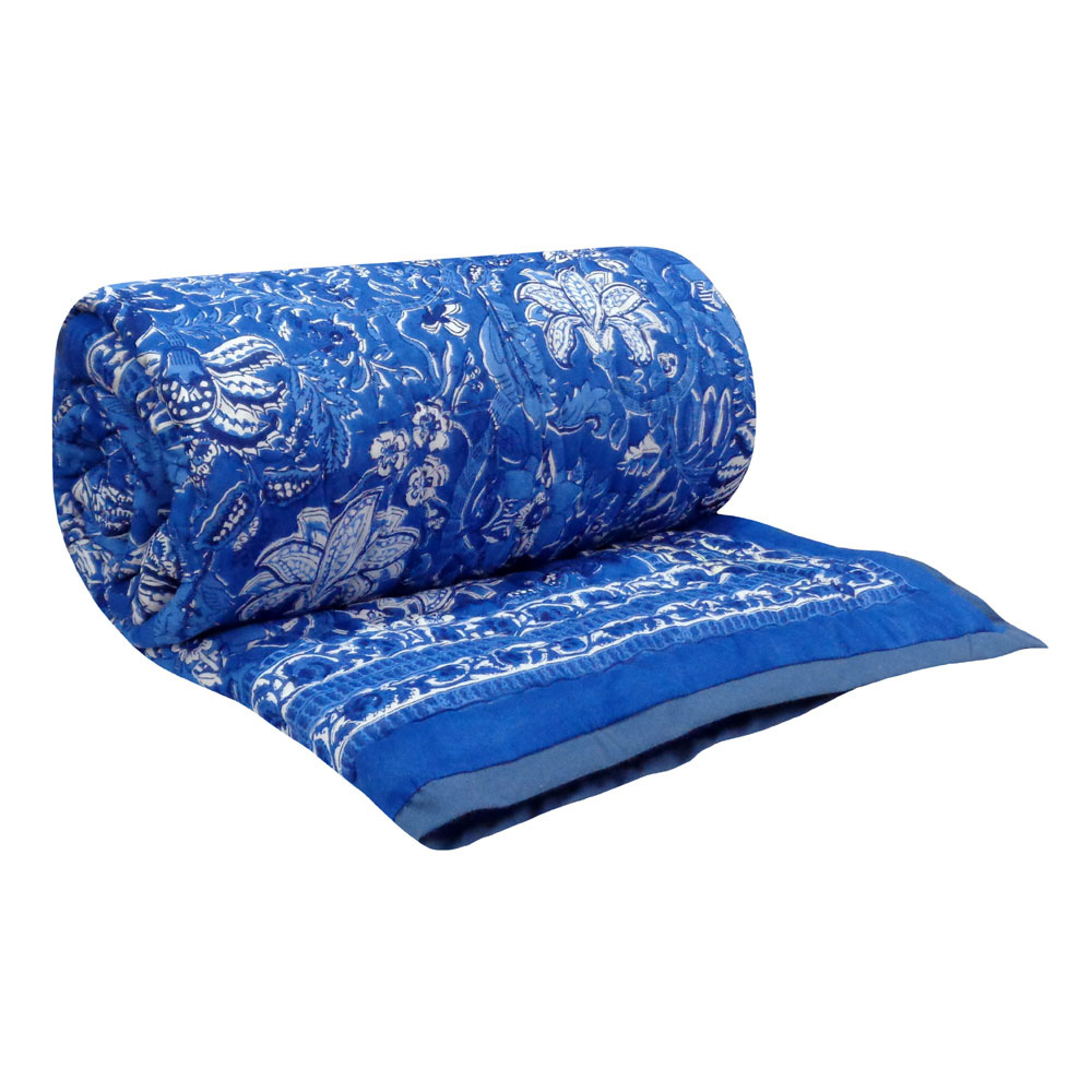 Indian Hand Block Printed Cotton Twin Quilt Anarkali Blue Gud 106797