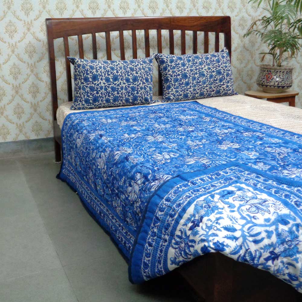 Indian Hand Block Printed Cotton Twin Quilt Anarkali Blue Gud 106797