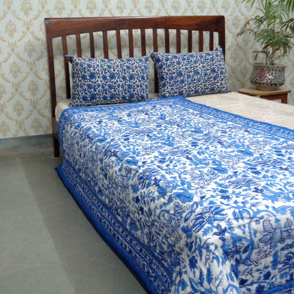 Indian Hand Block Printed Cotton Twin Quilt Anarkali Blue Gud 106797