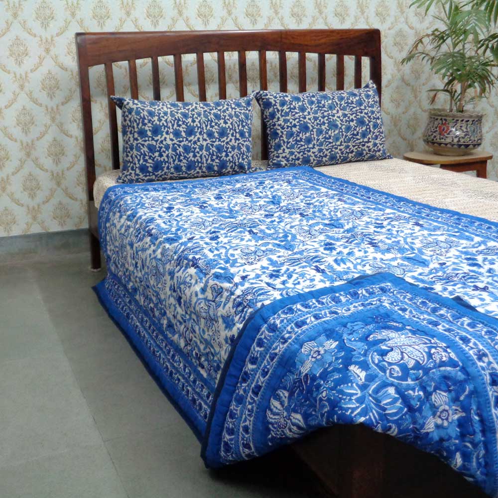 Indian Hand Block Printed Cotton Twin Quilt Anarkali Blue Gud 106797