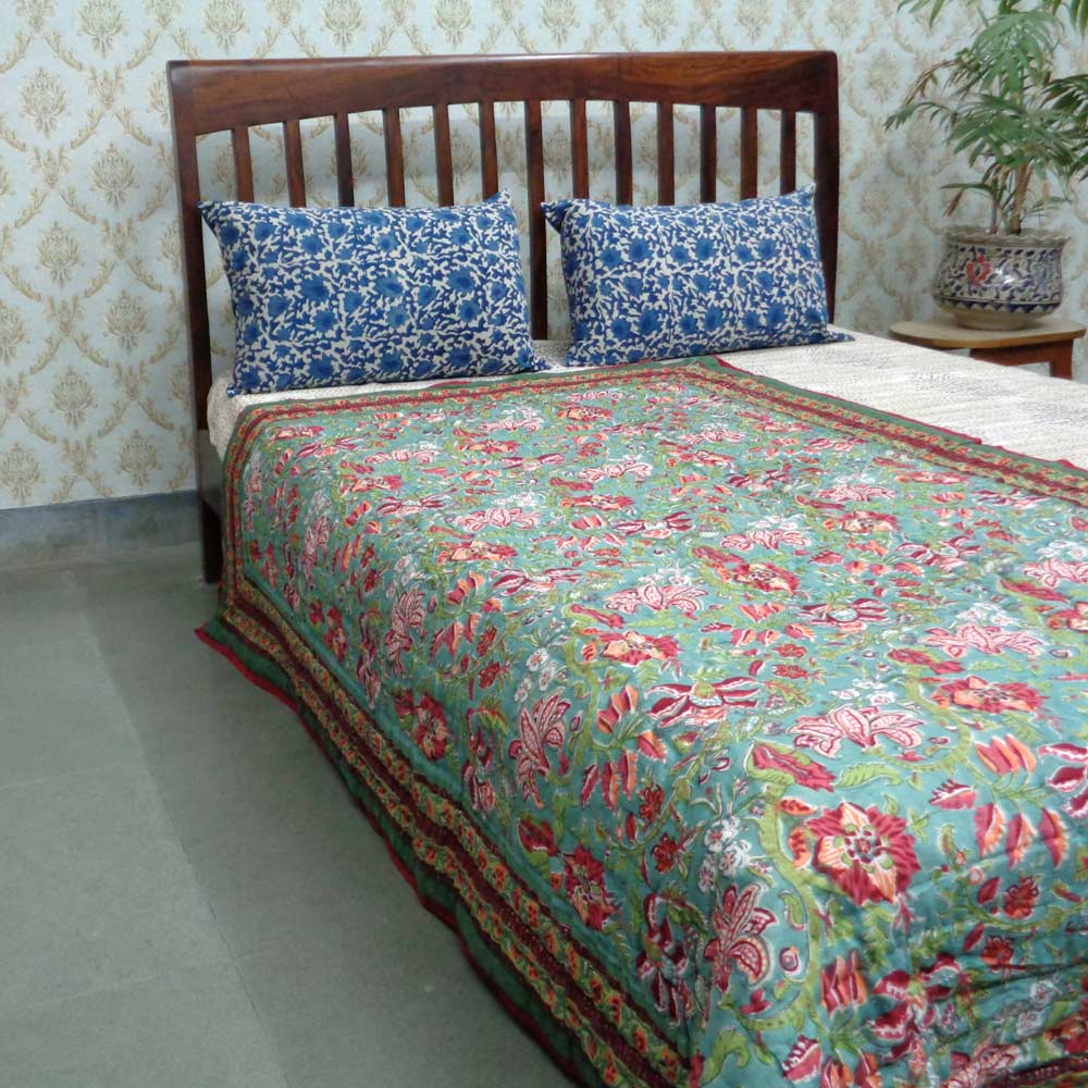 Hand Block Printed Cotton Twin Size Quilt Anarkali Green 4273