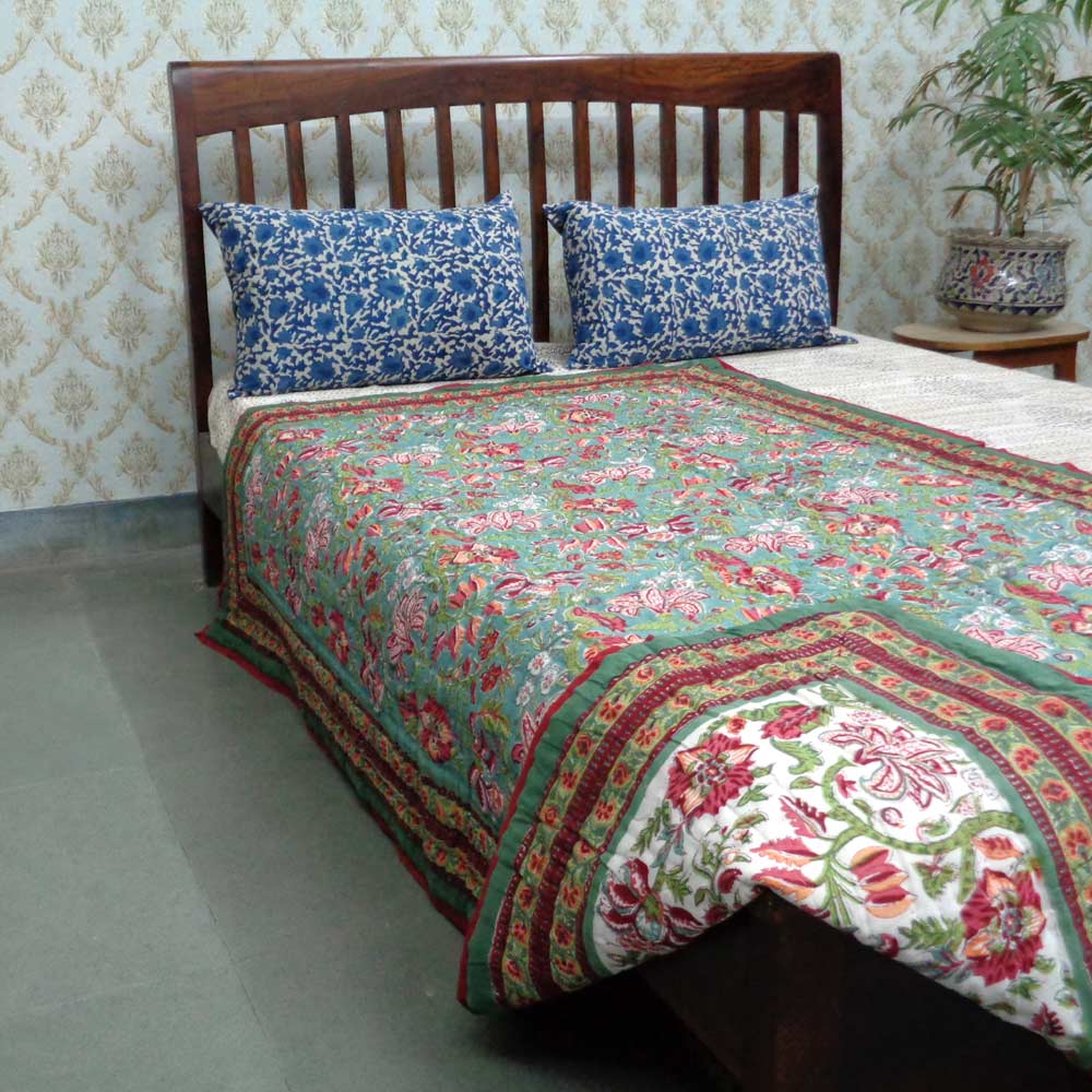 Hand Block Printed Cotton Twin Size Quilt Anarkali Green 4273