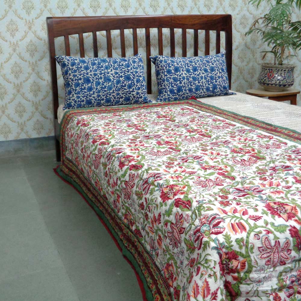 Hand Block Printed Cotton Twin Size Quilt Anarkali Green 4273