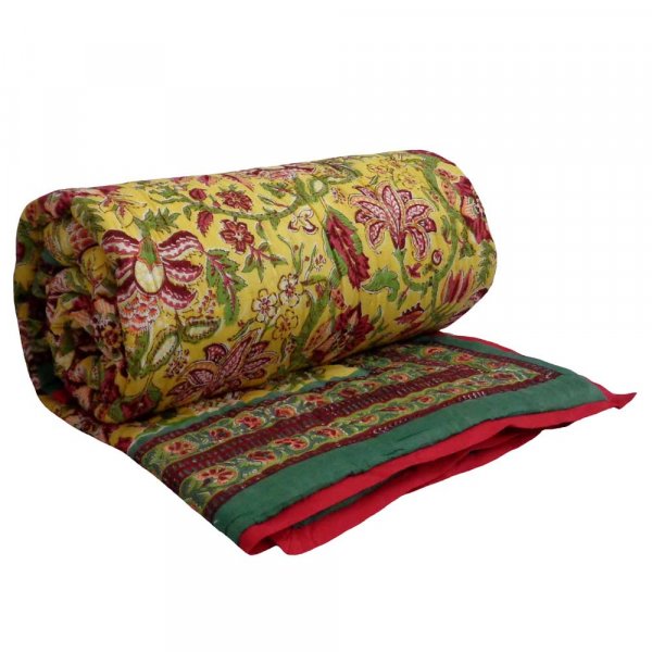 Image of Hand Block Printed Cotton Twin Size Quilt | Anarkali Lime 11103