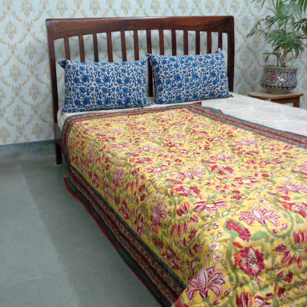 Hand Block Printed Cotton Twin Size Quilt  Anarkali Lime 11103