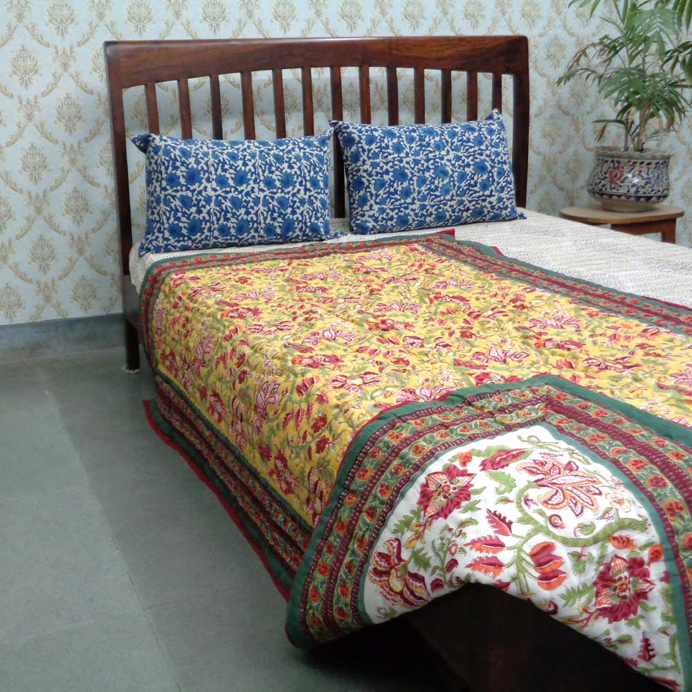 Hand Block Printed Cotton Twin Size Quilt  Anarkali Lime 11103