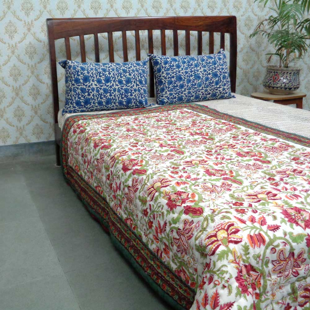 Hand Block Printed Cotton Twin Size Quilt Anarkali Lime 11103