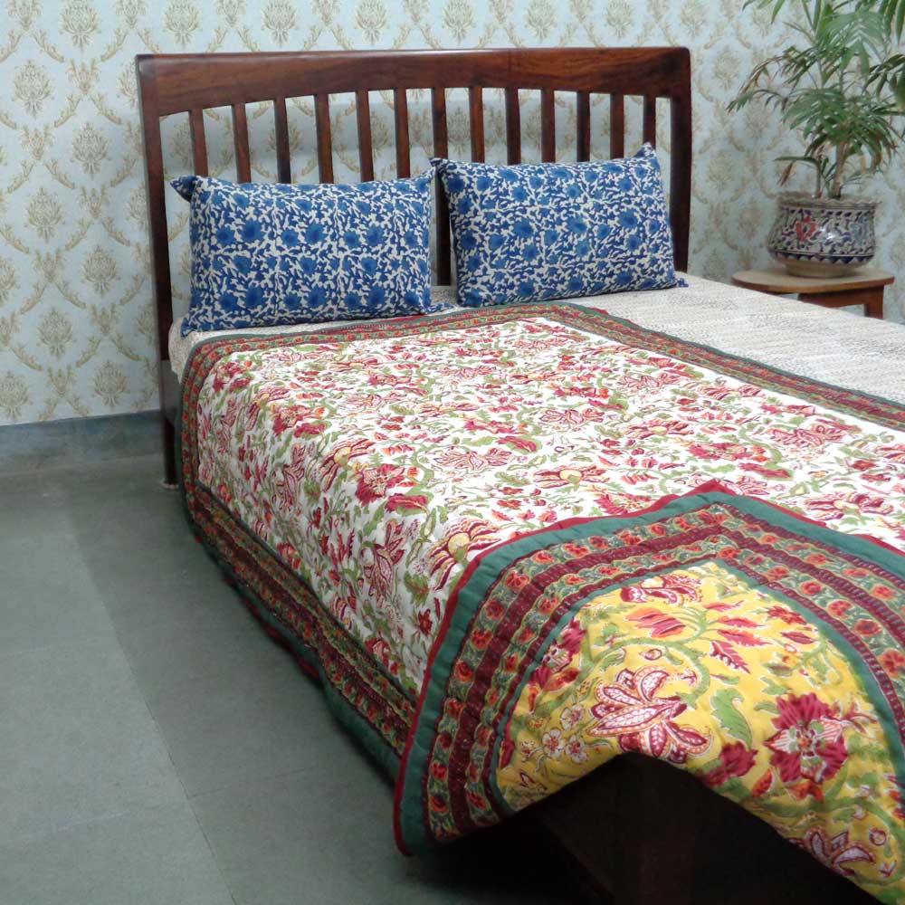 Hand Block Printed Cotton Twin Size Quilt  Anarkali Lime 11103