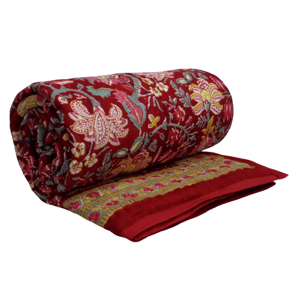 Hand Block Printed Cotton Twin Size Quilt Anarkali Red Gud 201397