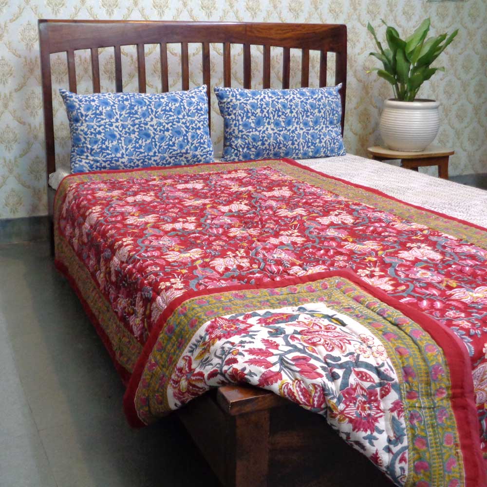 Hand Block Printed Cotton Twin Size Quilt Anarkali Red Gud 201397