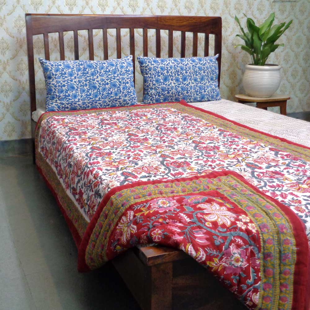 Hand Block Printed Cotton Twin Size Quilt Anarkali Red Gud 201397