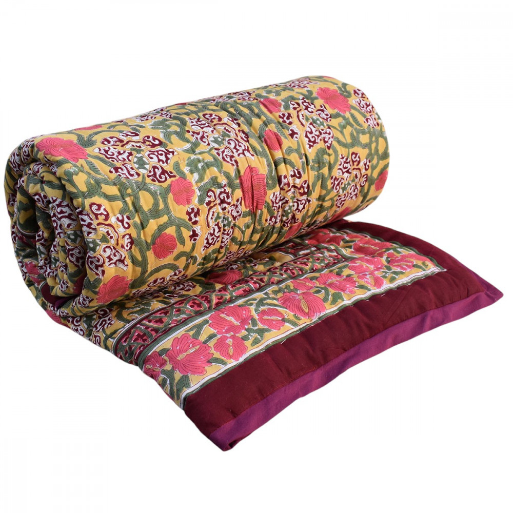 Image of Hand Block Printed Cotton Twin Size Quilt | Autumn Amber 251209