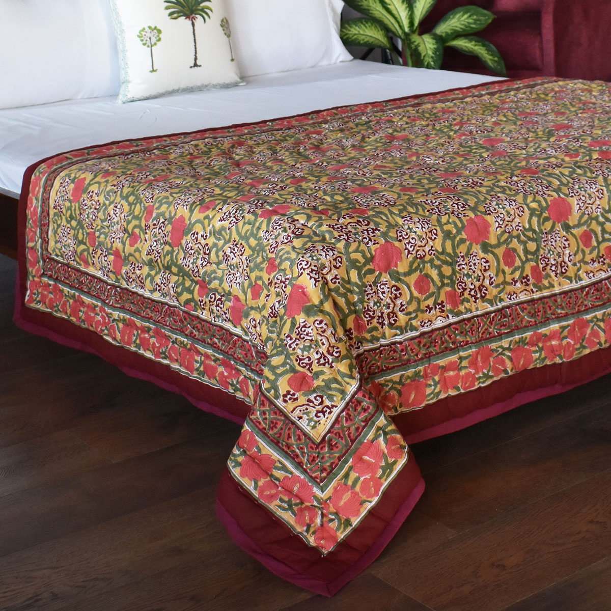 Hand Block Printed Cotton Twin Size Quilt Autumn Amber 251209