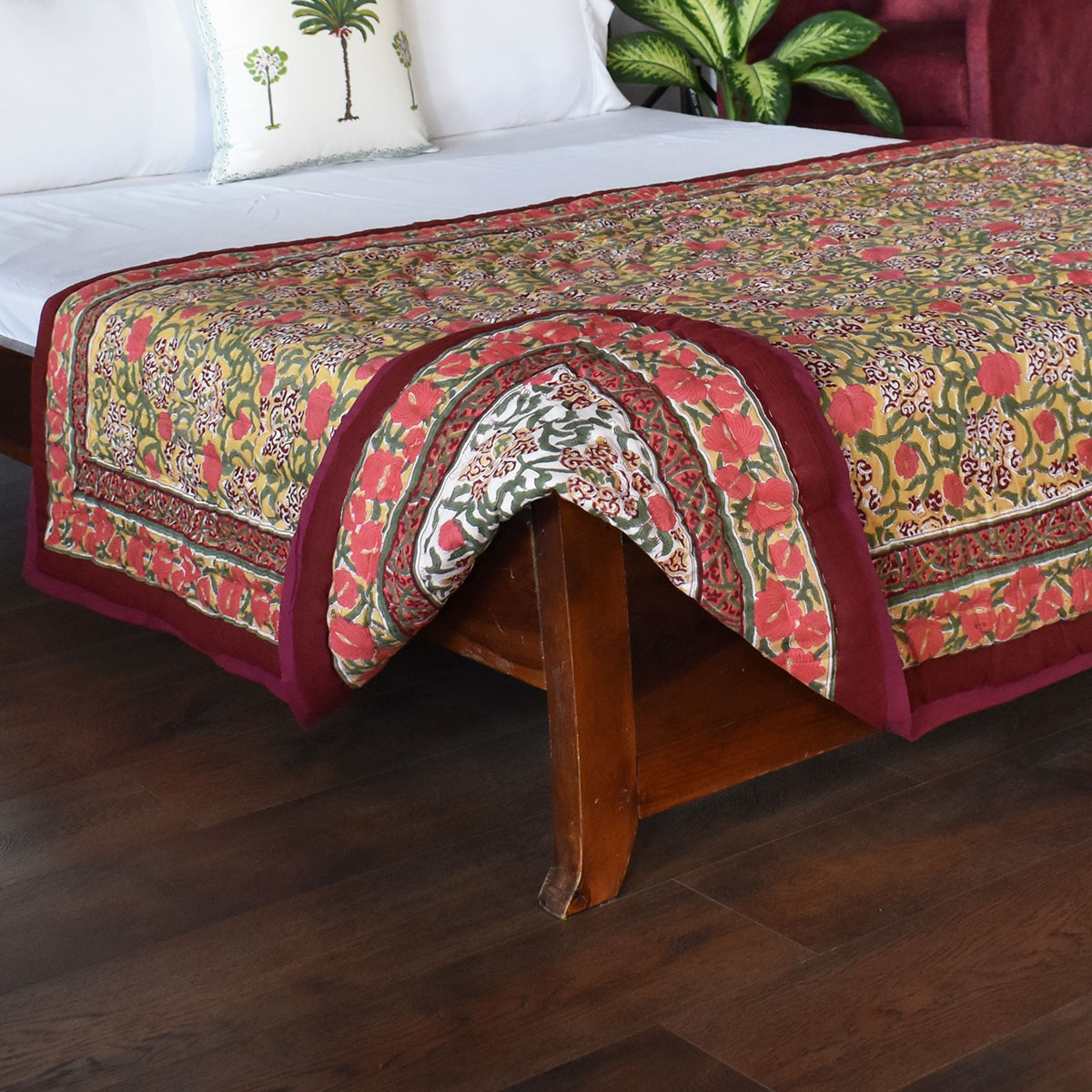 Hand Block Printed Cotton Twin Size Quilt  Autumn Amber 251209