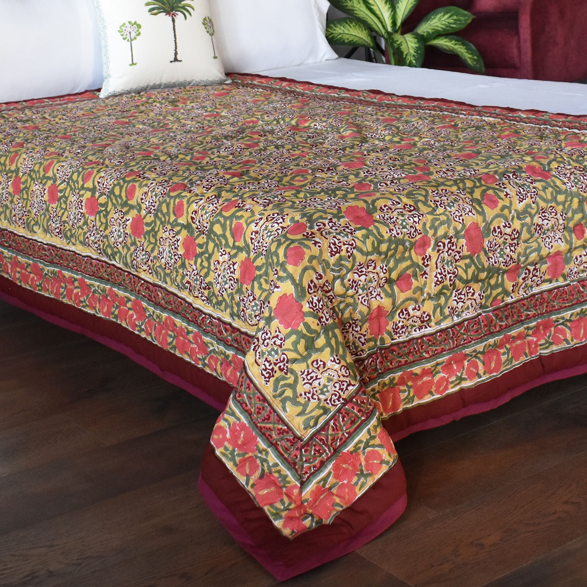 Hand Block Printed Cotton Twin Size Quilt Autumn Amber 251209