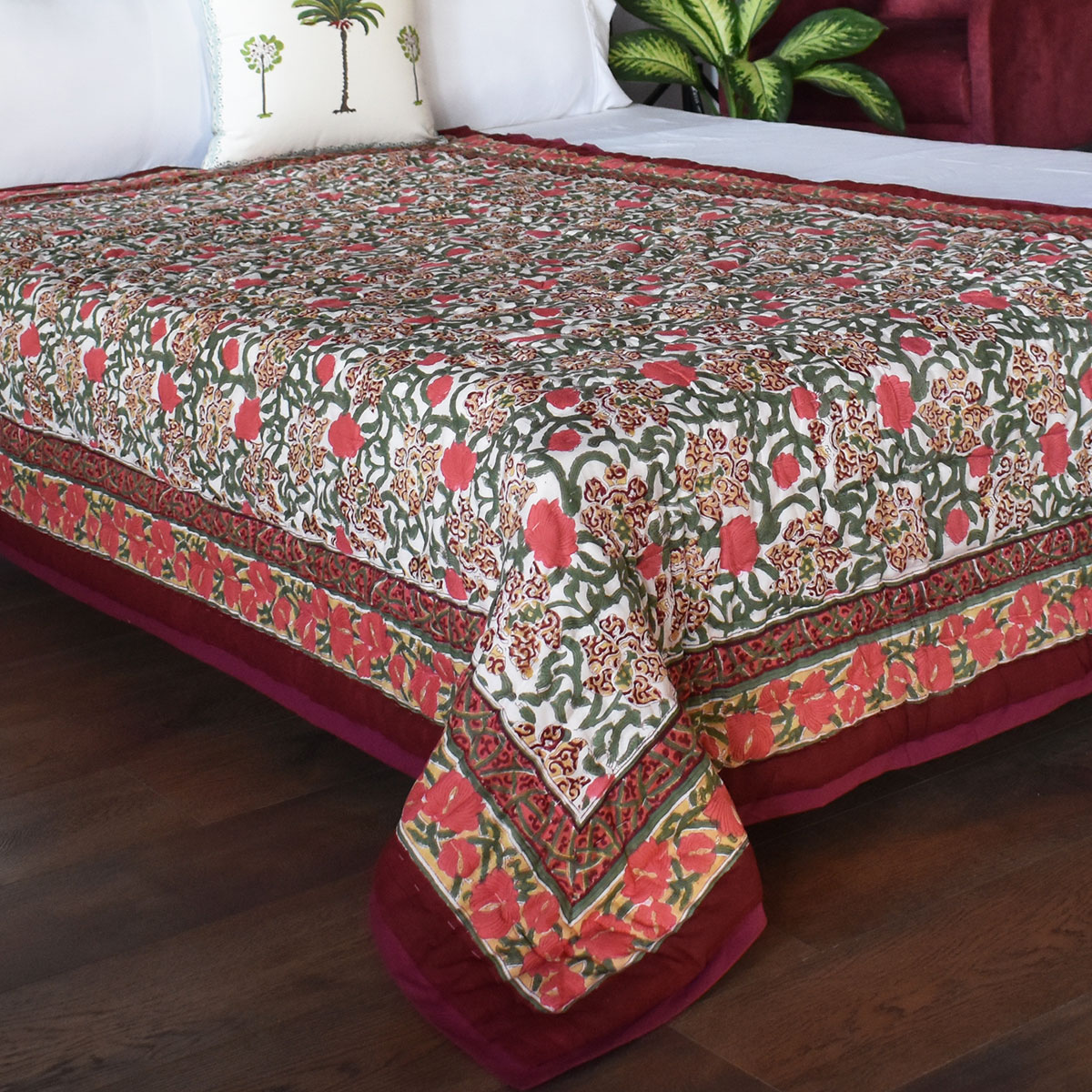 Hand Block Printed Cotton Twin Size Quilt  Autumn Amber 251209