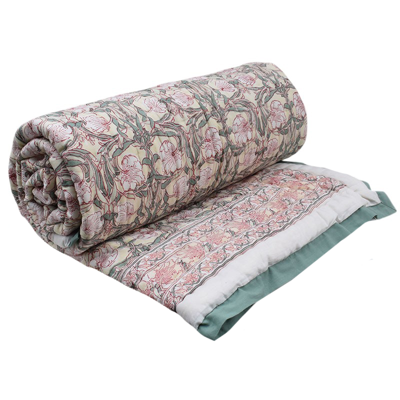 Hand Block Printed Cotton Twin Size Quilt Bauhaus Beige Gud 505032