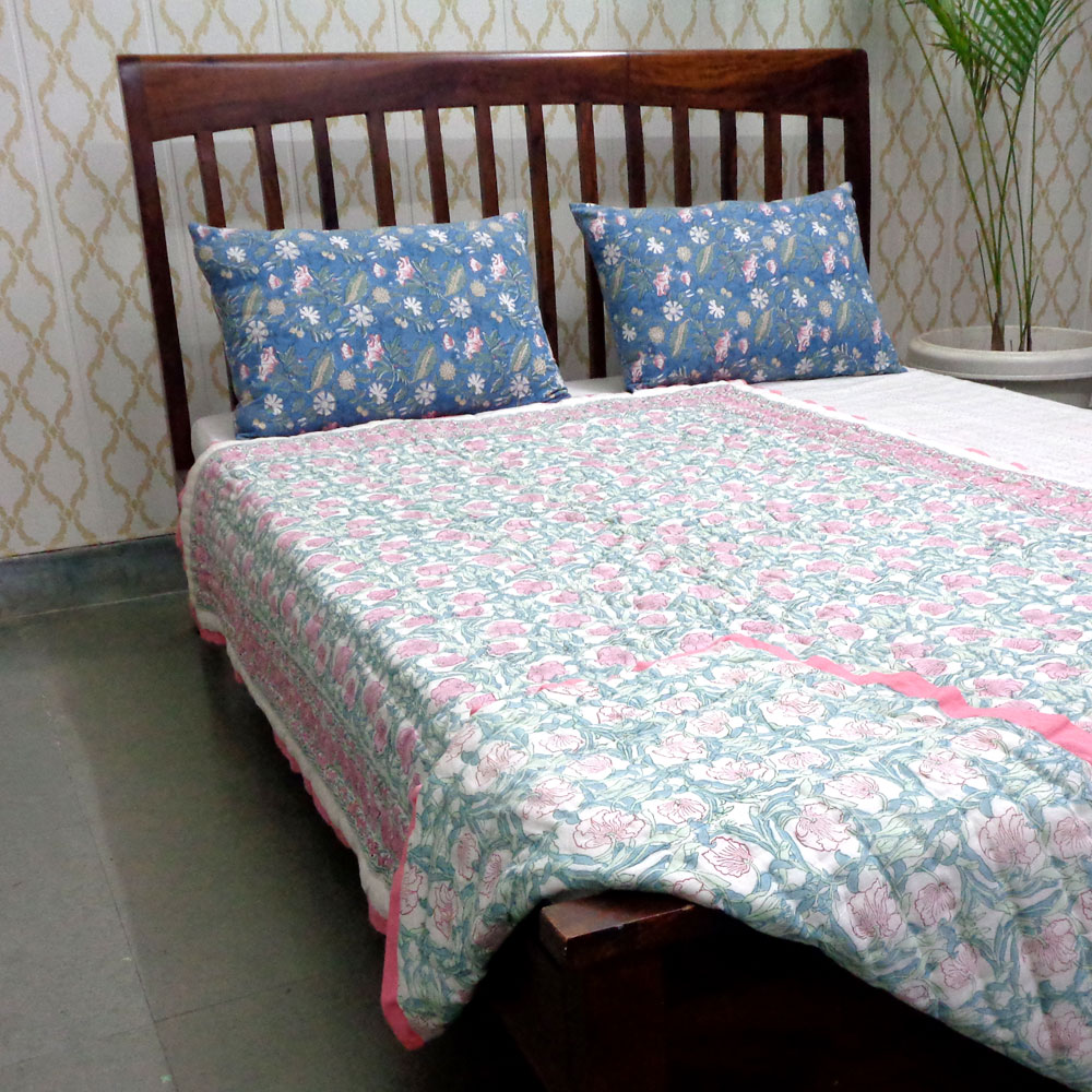 Hand Block Printed Cotton Twin Size Quilt Bauhaus Pink Flower 601774