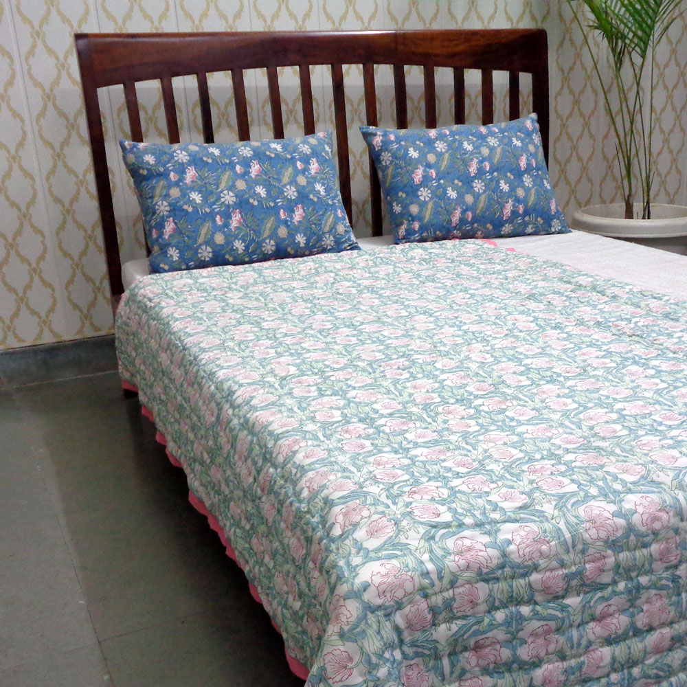 Hand Block Printed Cotton Twin Size Quilt Bauhaus Pink Flower 601774
