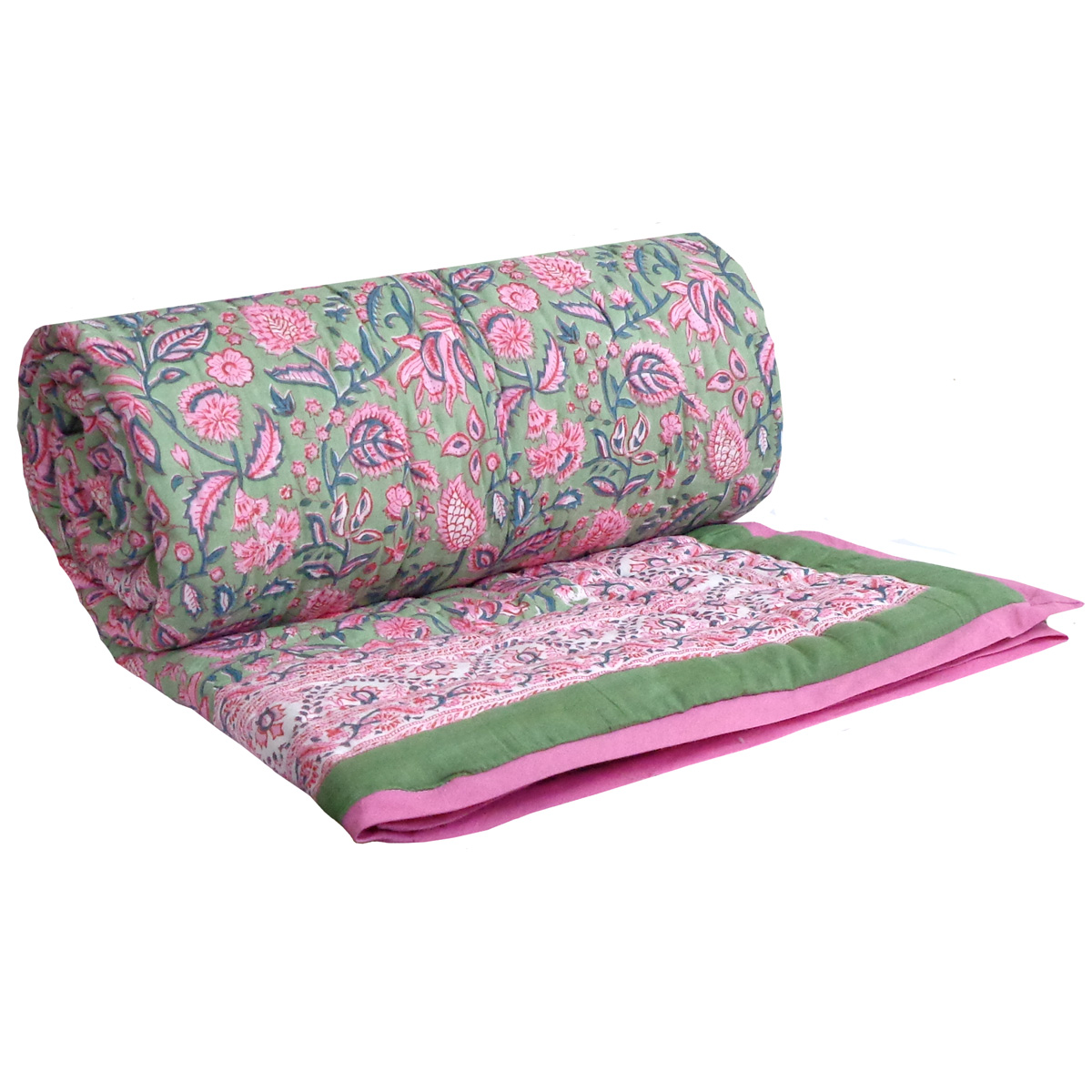 Hand Block Printed Cotton Twin Size Quilt Begonia Pink 122680