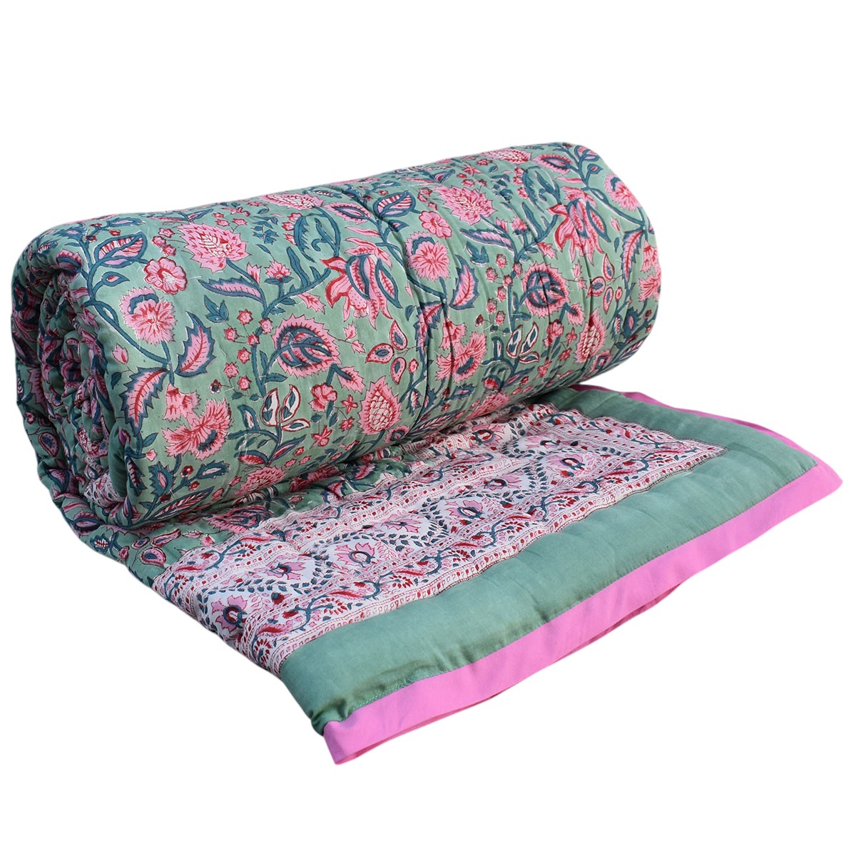 Hand Block Printed Cotton Twin Size Quilt Begonia Pink 122680