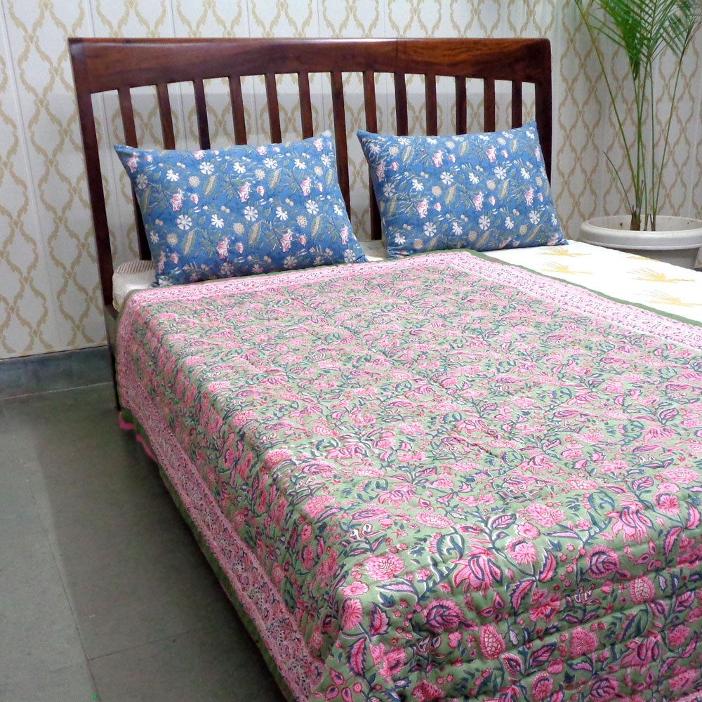 Hand Block Printed Cotton Twin Size Quilt Begonia Pink 122680
