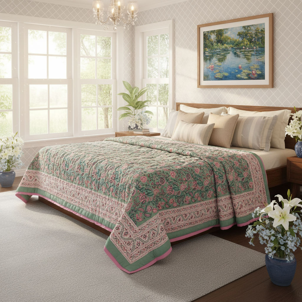 Hand Block Printed Cotton Twin Size Quilt Begonia Pink 122680