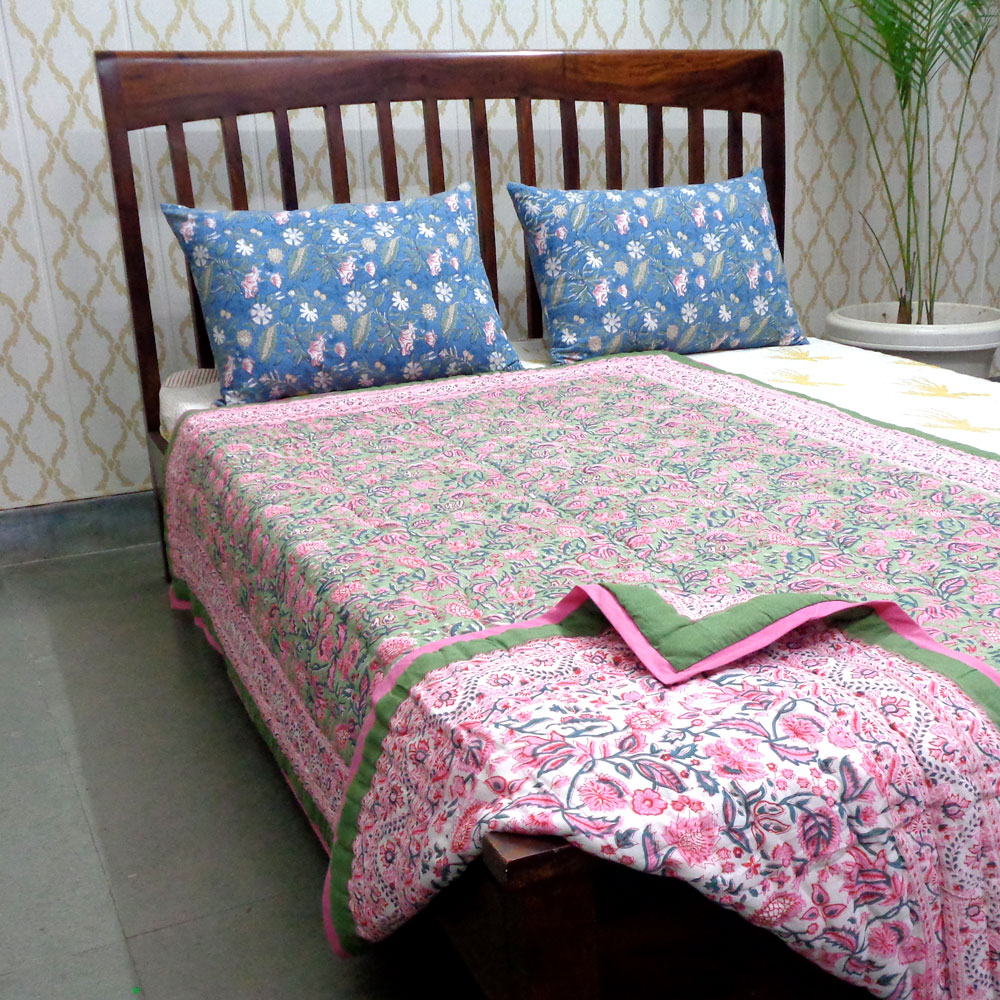Hand Block Printed Cotton Twin Size Quilt Begonia Pink 122680