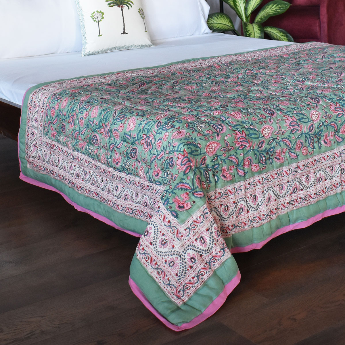 Hand Block Printed Cotton Twin Size Quilt Begonia Pink 122680
