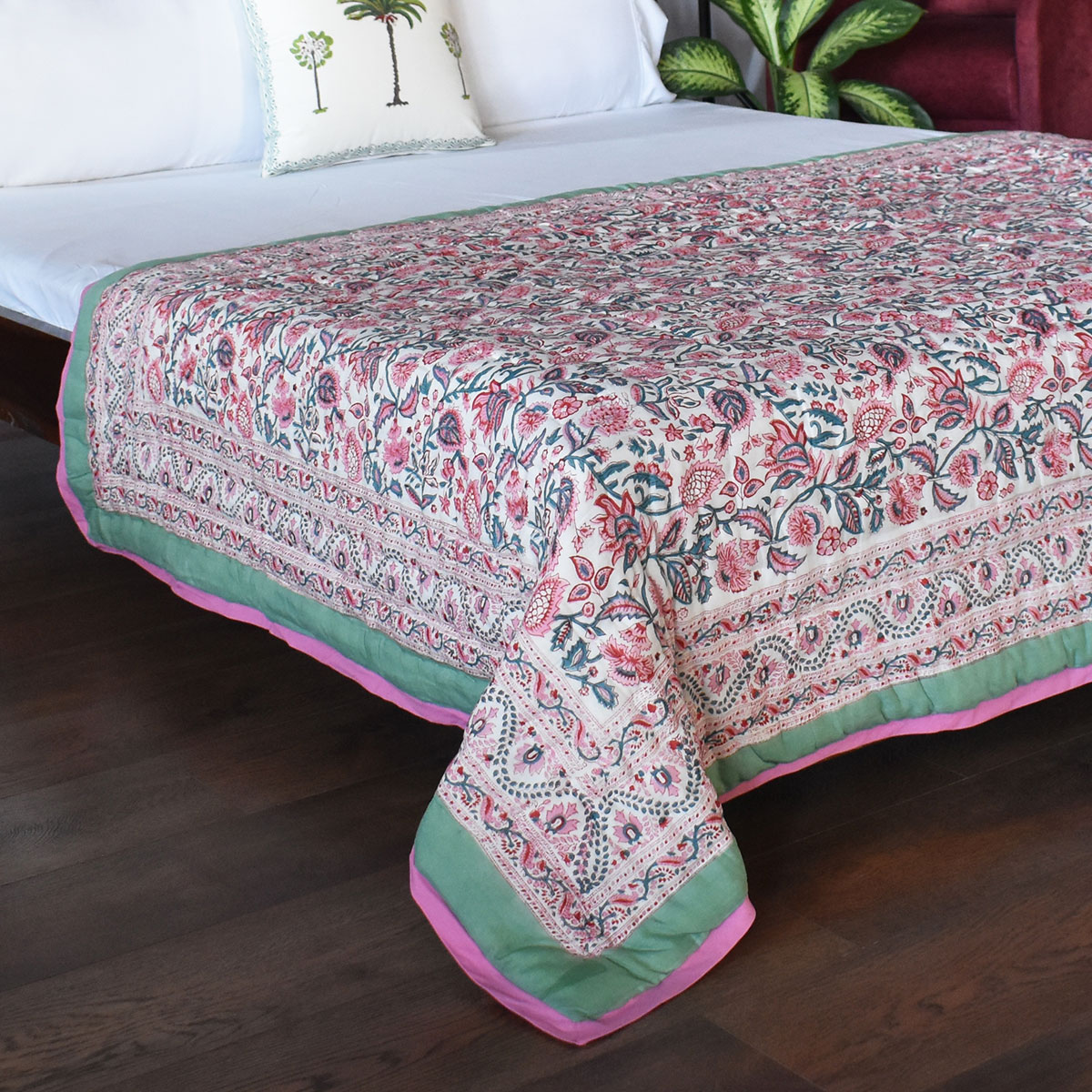 Hand Block Printed Cotton Twin Size Quilt Begonia Pink 122680