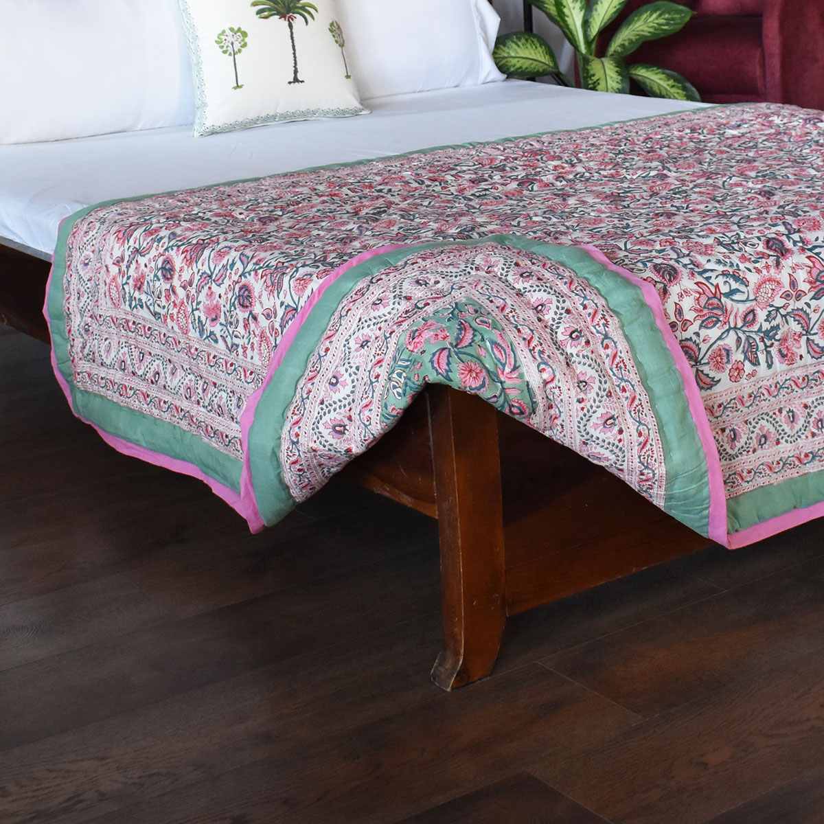 Hand Block Printed Cotton Twin Size Quilt Begonia Pink 122680