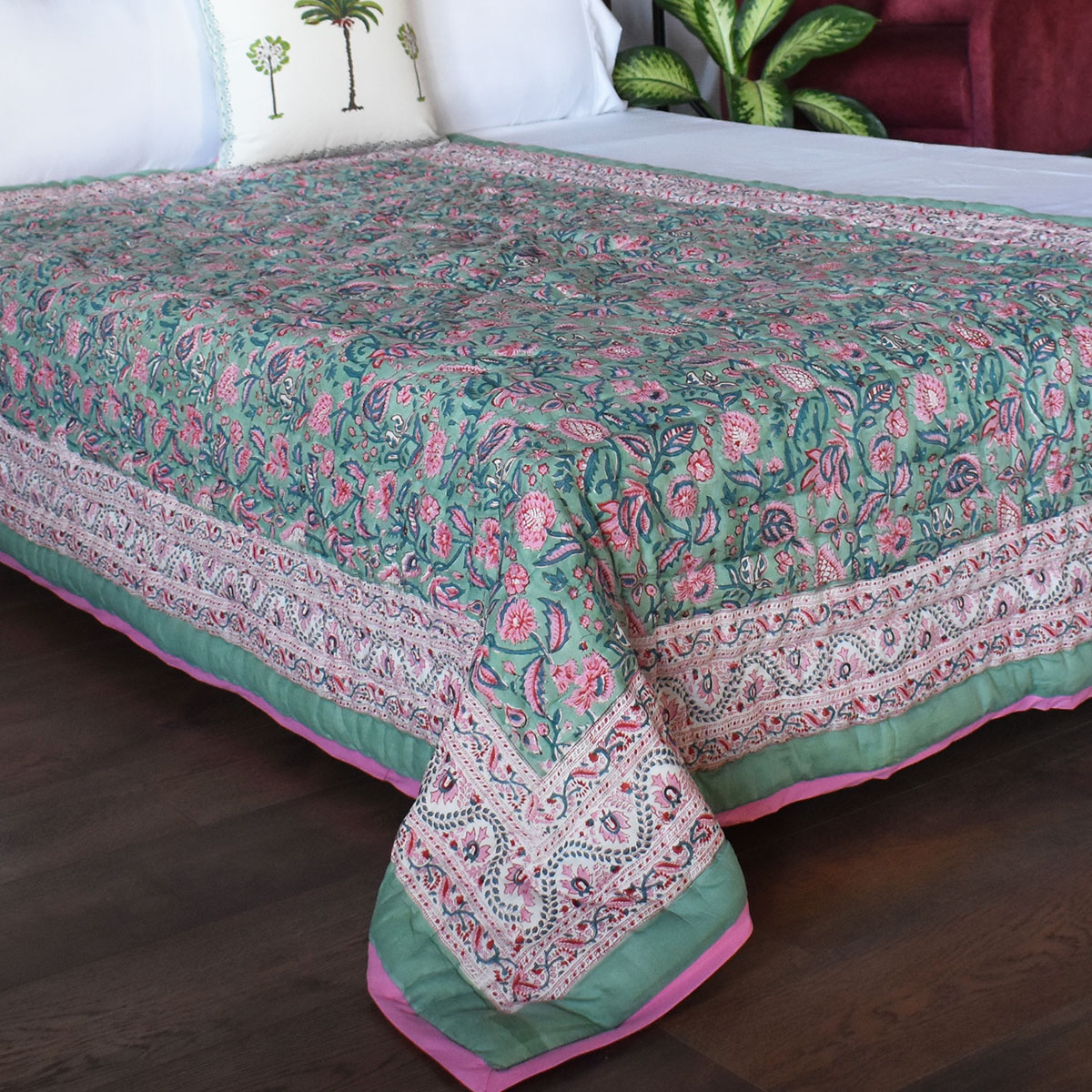 Hand Block Printed Cotton Twin Size Quilt Begonia Pink 122680