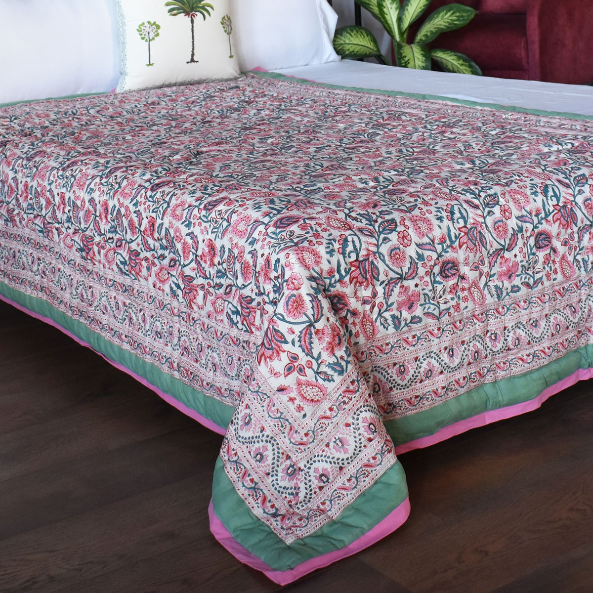 Hand Block Printed Cotton Twin Size Quilt Begonia Pink 122680