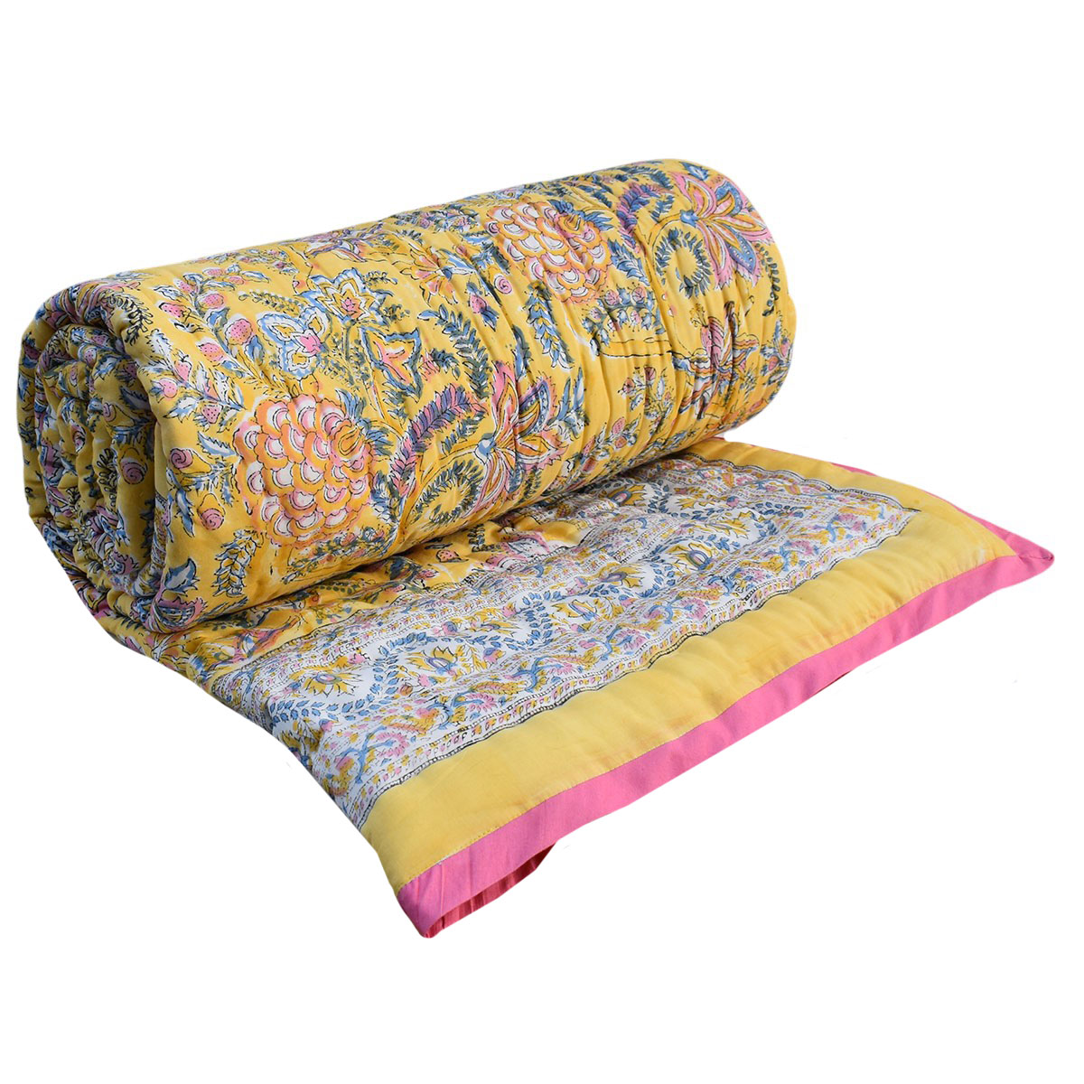 Hand Block Printed Cotton Twin Size Quilt Bela Lime 906220