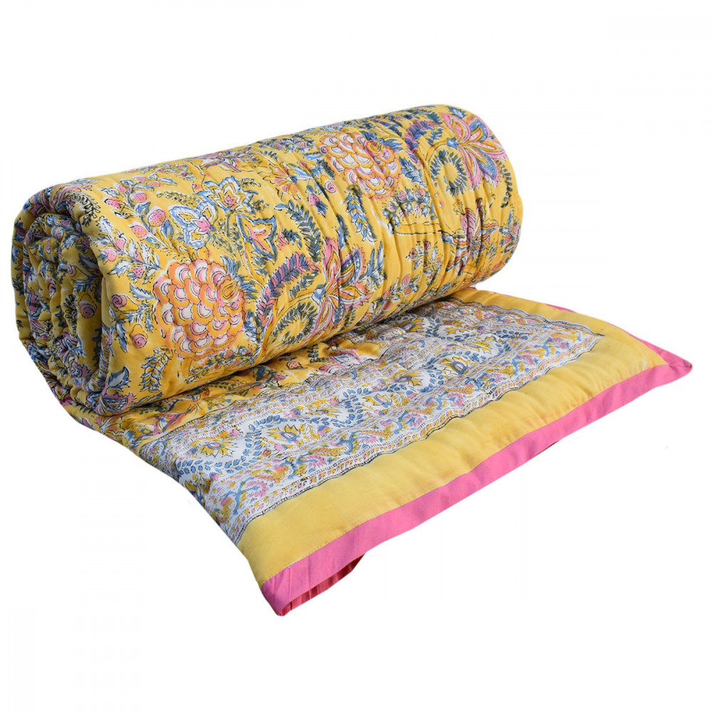 Image of Hand Block Printed Cotton Twin Size Quilt | Bela Lime 906220