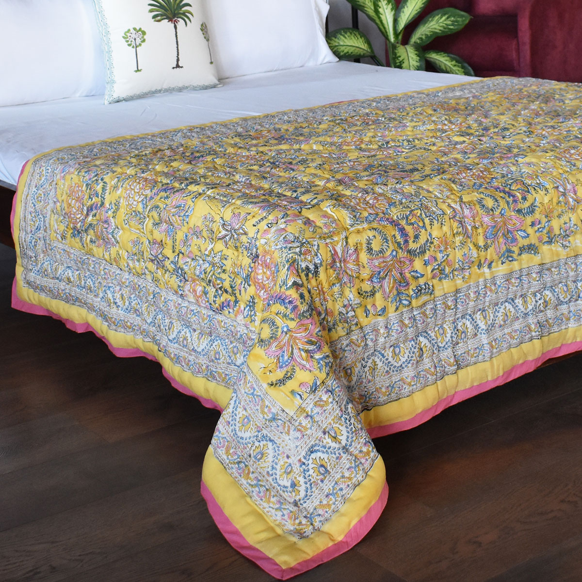 Hand Block Printed Cotton Twin Size Quilt Bela Lime 906220