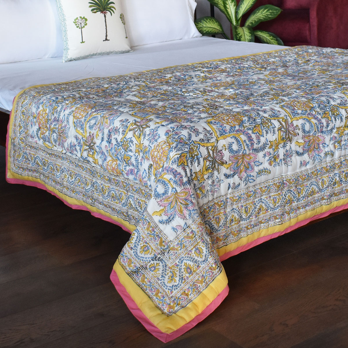 Hand Block Printed Cotton Twin Size Quilt Bela Lime 906220