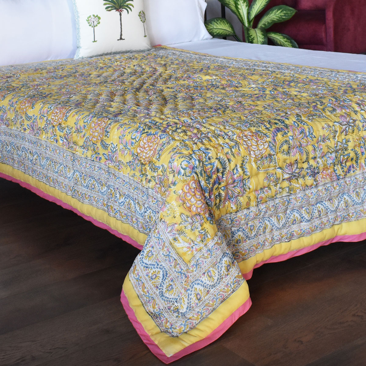 Hand Block Printed Cotton Twin Size Quilt Bela Lime 906220