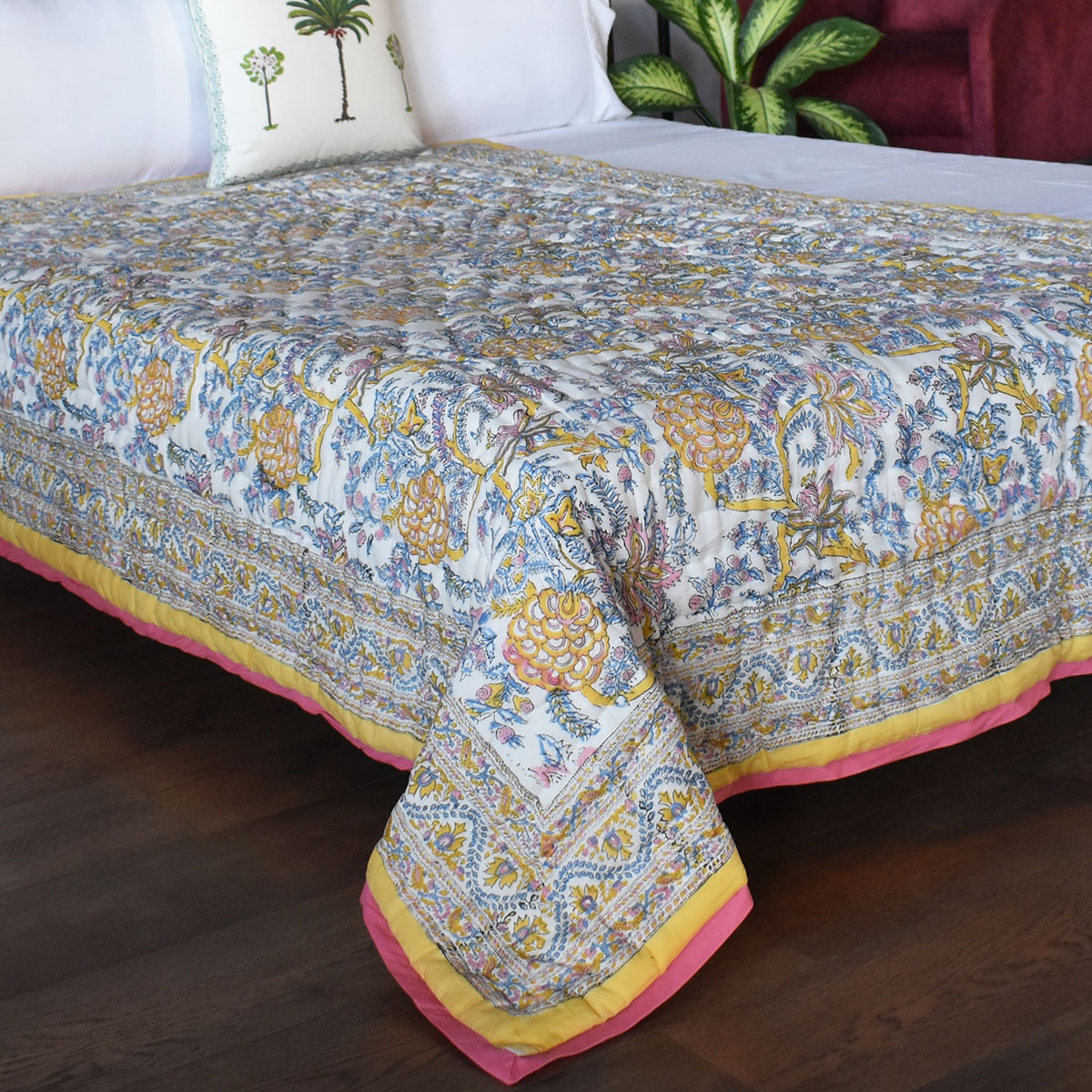 Hand Block Printed Cotton Twin Size Quilt Bela Lime 906220