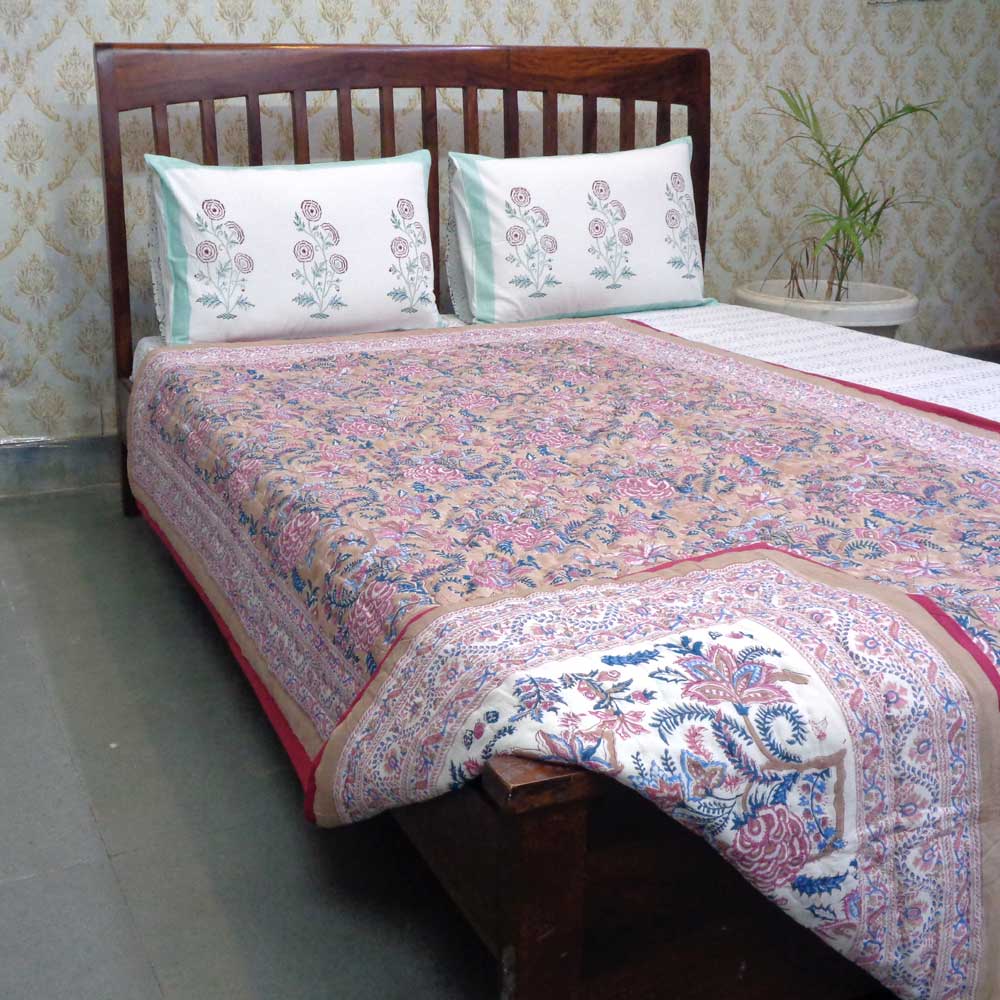 Hand Block Printed Cotton Twin Size Quilt Bela Maroon 303588