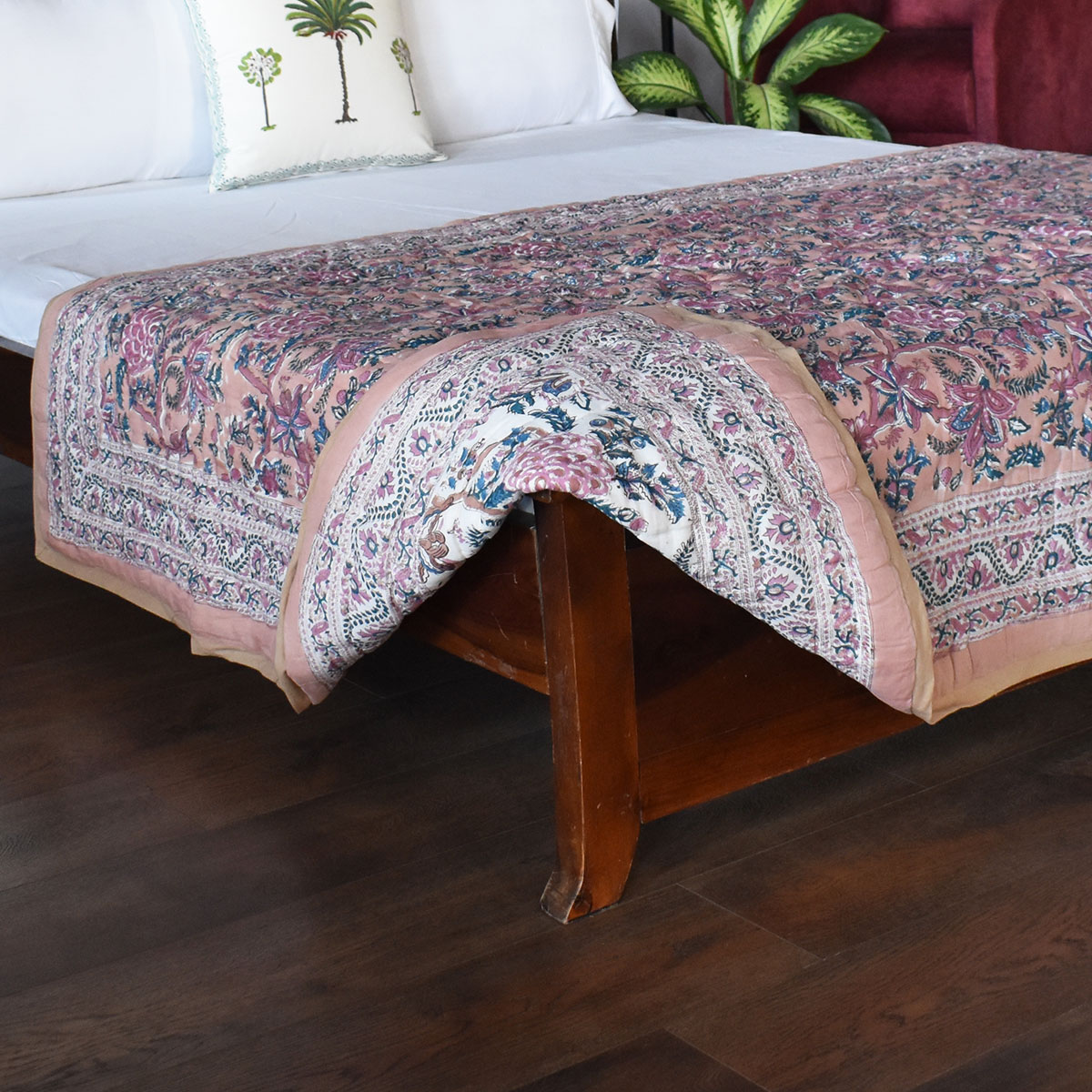 Hand Block Printed Cotton Twin Size Quilt Bela Maroon 303588