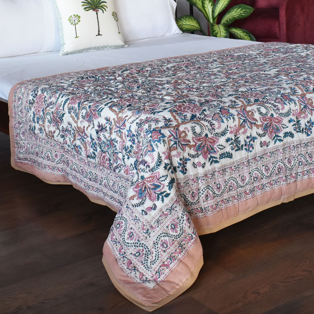 Hand Block Printed Cotton Twin Size Quilt Bela Maroon 303588