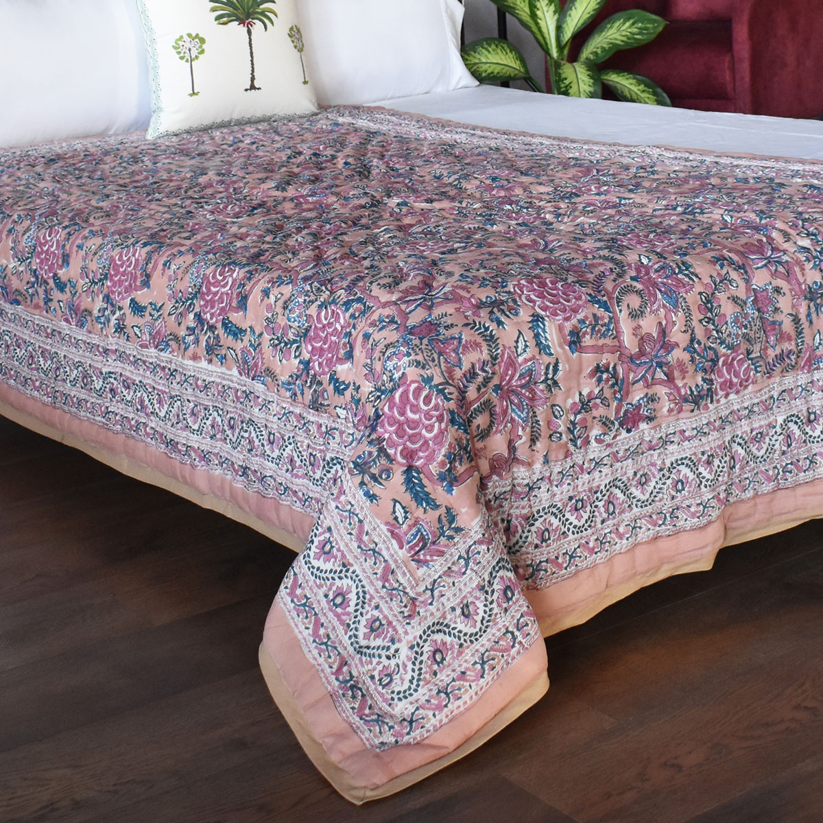Hand Block Printed Cotton Twin Size Quilt Bela Maroon 303588