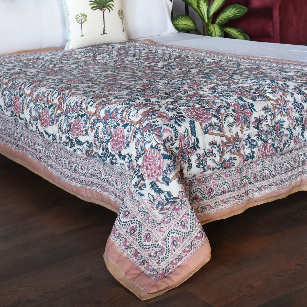 Hand Block Printed Cotton Twin Size Quilt Bela Maroon 303588