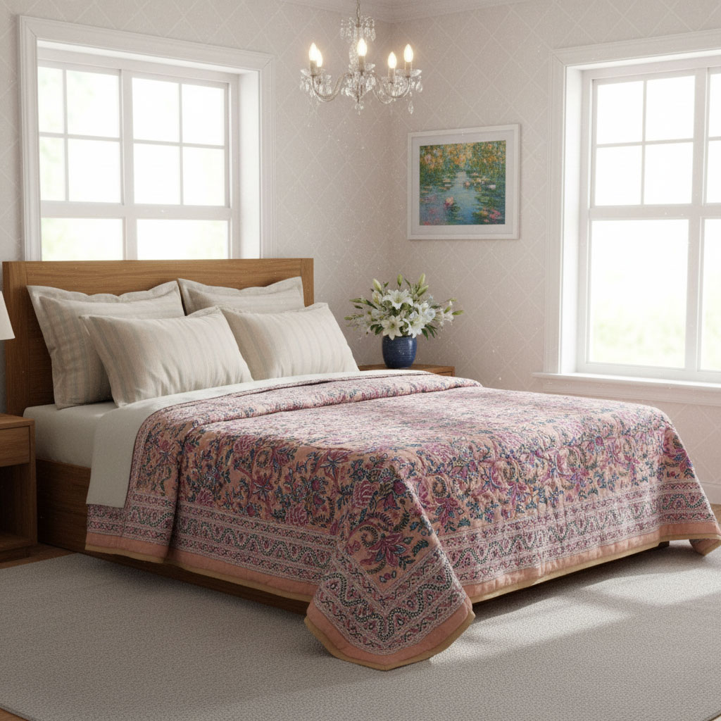 Hand Block Printed Cotton Twin Size Quilt Bela Maroon 303588
