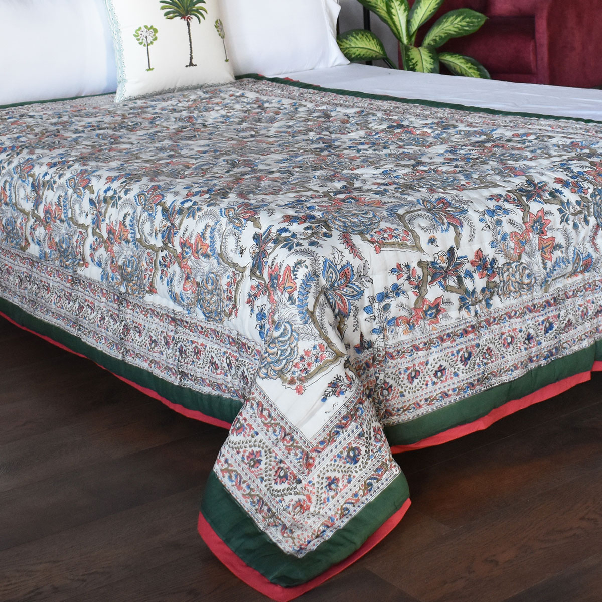 Hand Block Printed Cotton Twin Size Quilt Bela Mint Green 251207